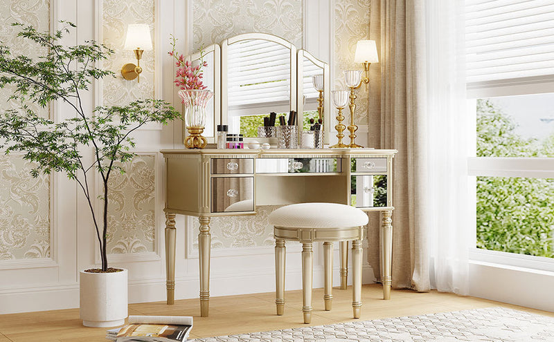43" Dressing Table Set with Mirrored Drawers and Stool, Tri-fold Mirror, Makeup Vanity Set for Bedroom, Gold