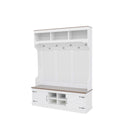 Hall Tree With Bench And Shoe Storage, 5 In 1 Entryway Organizer Cabinet With Coat Rack, 4 Shoe Cubbies & 7 Hooks - White