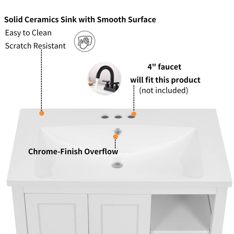 30" Bathroom Vanity with Sink, Bathroom Storage Cabinet with Doors and Drawers, Solid Wood Frame, Ceramic Sink, White