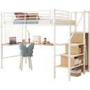 Twin Loft Bed with Desk and Storage Wardrobe, Heavy Duty Loft Bed with Stairs and Metal Grid, Twin Size Loft Bed, No Box Spring Needed, White Loft Bed Twin Size-White