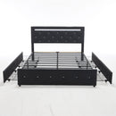 Upholstered Bed Frame With LED Lights, 4 Storage Drawers, Charging Station