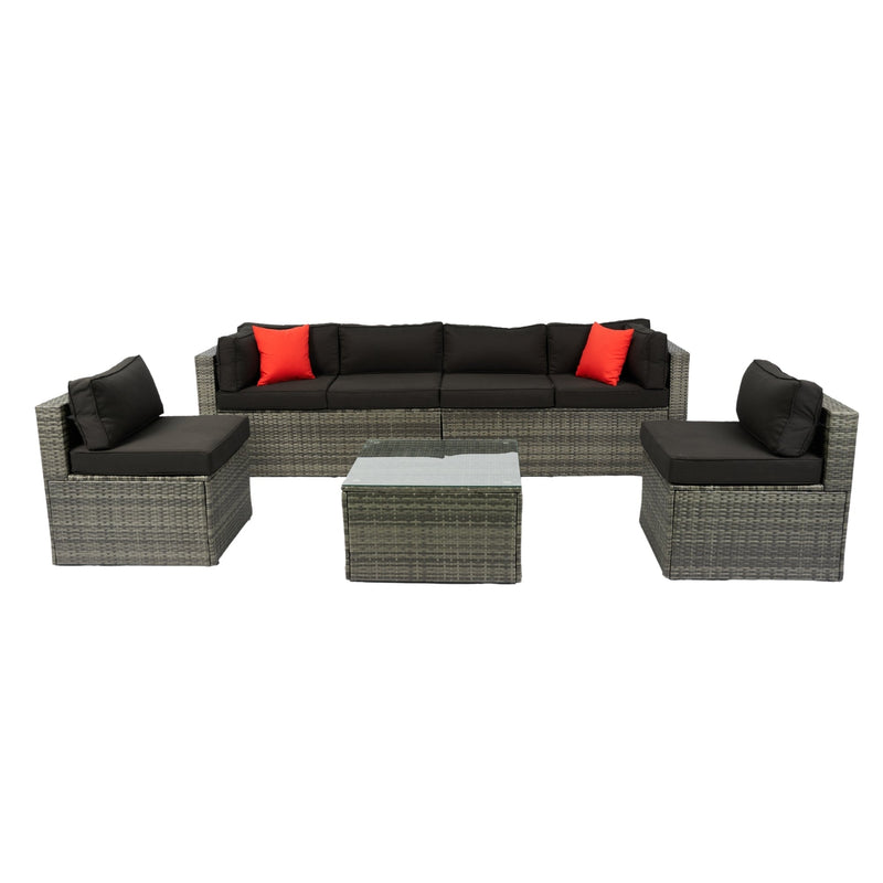 5 Pieces PE Rattan sectional Outdoor Furniture Cushioned U Sofa set with 2 Pillow Grey wicker + Black Cushion