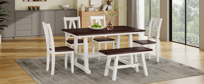 6-Piece Wood Dining Table Set Kitchen Table Set with Long Bench and 4 Dining Chairs, Farmhouse Style, Walnut+White