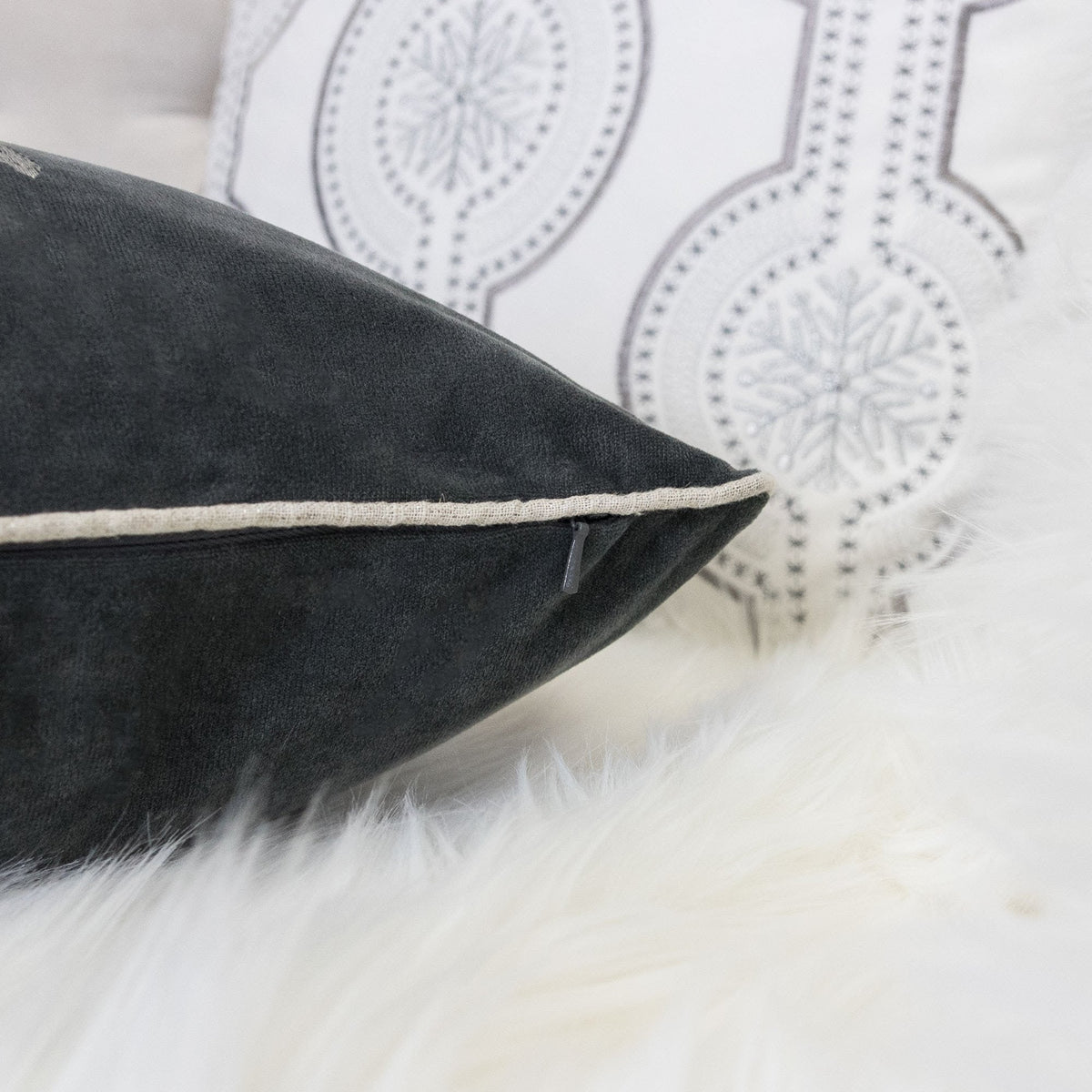 Gray Velvet Holiday Throw Pillow with Snowflake Wreath Embroidery, photo 2 of 5