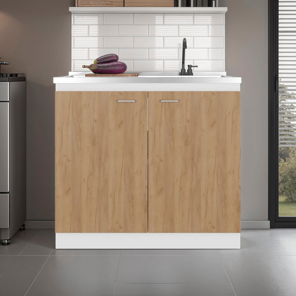 Salento Freestanding Sink, Double Door Cabinet, Two Shelves, photo 3 of 10