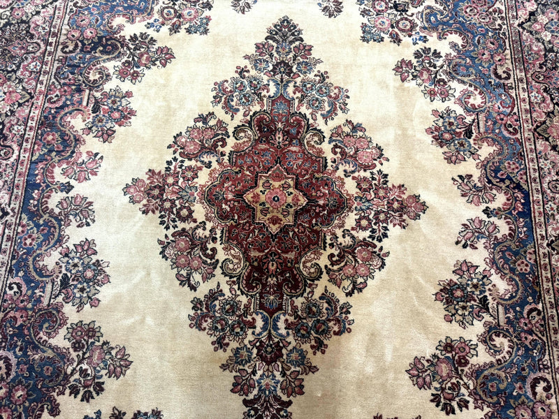 Persian Sarouk Rug 9x12, Ivory & Blue, Semi Open Field