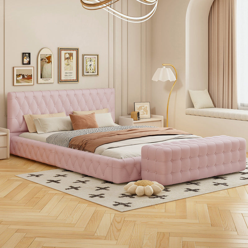 2-Pieces Bedroom Sets Queen Size Upholstered Bed with Rectangular Upholstered Ottoman for Bedroom,Pink