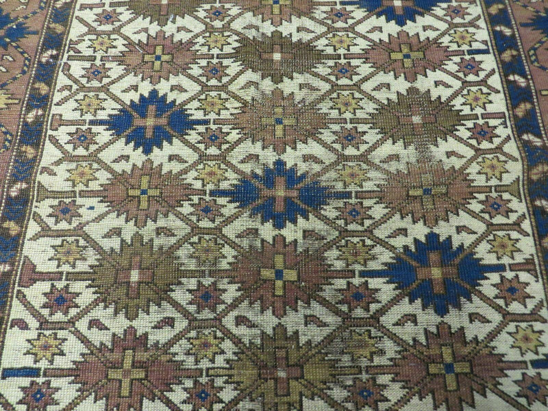 4' X 5' Antique Handmade Caucasian Kazak Shirvan Wool Rug Snow Flakes