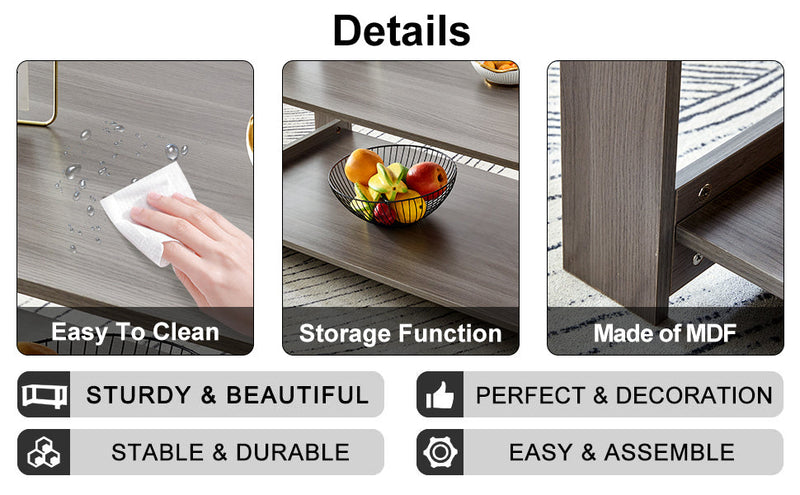 A modern and practical gray textured coffee table,tea table.Double layered coffee table made of MDF material,. Suitable for living room,bedroom and study room. 43.3"x21.6"x16.5" CT-16