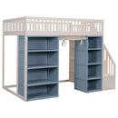 Full Size Loft Bed With 2 Four Layer Storage Cabinets And Curtain With Built In Staircase And Privacy Curtain - White