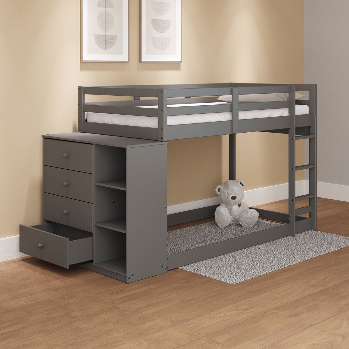 Gaston - Bunk Bed Twin Over Twin With 4 Drawers & 3 Compartments - Gray, photo 8 of 8