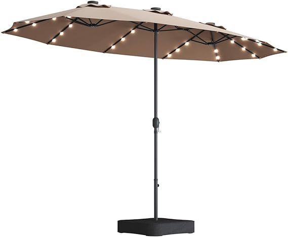 15x9ft Large Double-Sided Rectangular Outdoor Twin Patio Market Umbrella with light and base- taupe