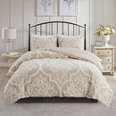 3 Piece Tufted Cotton Chenille Damask Comforter Set Taupe King/Cal King