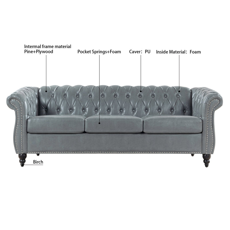 84.65" Rolled Arm Chesterfield 3 Seater Sofa.
