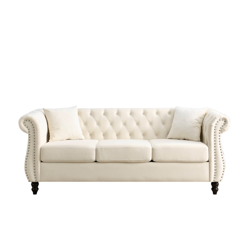 80" Chesterfield Sofa Beige Velvet for Living Room, 3 Seater Sofa Tufted Couch with Rolled Arms and Nailhead for Living Room, Bedroom, Office, Apartment, two pillows