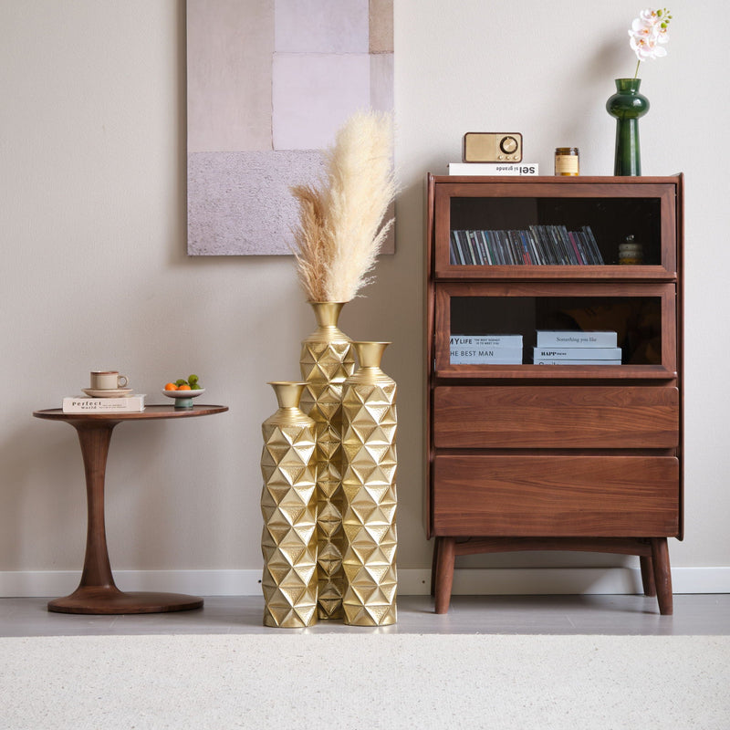 Metal Decorative Vase High Distress Metal Center Vase With 3D Triangle Pattern, (Set of 3) Vases For Home Decoration - Gold, photo 16 of 18