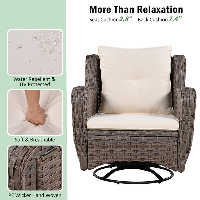 5 Pieces Outdoor Patio Furniture Set with Pet House Cool Bar and Retractable Side Tray, Rattan Wicker Patio Swivel Rocking Chairs Set of 2 with Ottomans for Backyard, Porch, Balcony, Beige