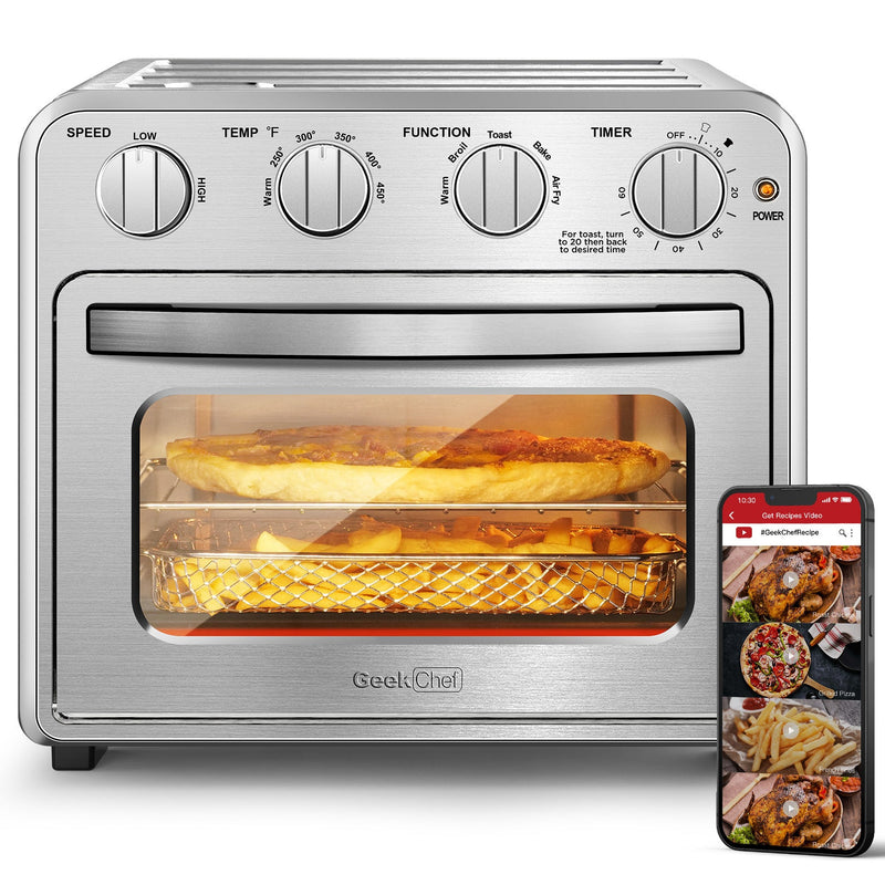 Geek Chef Air Fryer Toaster Oven Combo, 4 Slice Toaster Convection Air Fryer Oven Warm, Broil, Toast, Bake, Air Fry, Oil-Free, Accessories Included, Stainless Steel, Silver (16QT Air Fryer Oven)