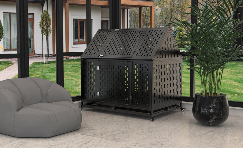 45' Heavy Duty Dog Crate Indestructible Pet Dog Cage Crate Kennel with Roof Top 2 Doors Removable Trays, Lockable Wheels, Escape-Proof for High Anxiety Large/Extra Dogs