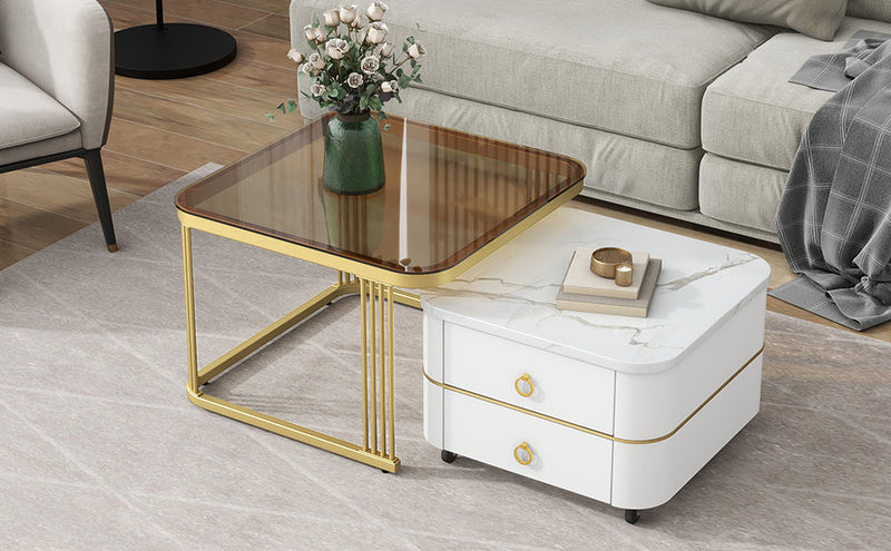 2-in-1 Square Nesting Coffee Table with Wheels & Drawers, Stackable Side Table with High Gloss Marble Grain Top, End Table Set with Brown Tempered Glass for Living Room, White
