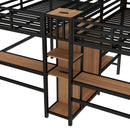 Twin Over Twin Metal Loft Bed with Double Desk and Wardrobe and Shelves with Electrical Outlet for Space Saving and Noise Reduction, woodgrain