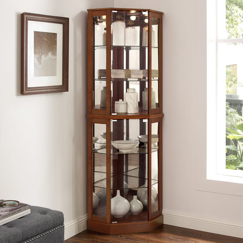 6 Shelf Corner Curio Display Cabinet with Lights, Mirrors and Adjustable Shelves, Walnut