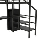 Full Size Loft Bed With Desk, Storage Staircase, Small Wardrobe And LED Light - Black by HouseOfZazla