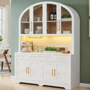 K&K 75.8" Tall Arched Kitchen Pantry Cabinet with LED & Charging Station