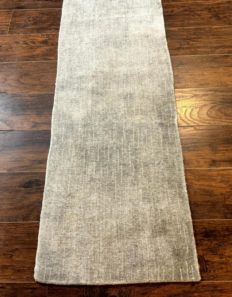 Modern Tibetan Runner Rug 1.9 x 8.6, Wool and Silk Highlights, Gray/Silver, Narrow Runner for Hallway or Kitchen
