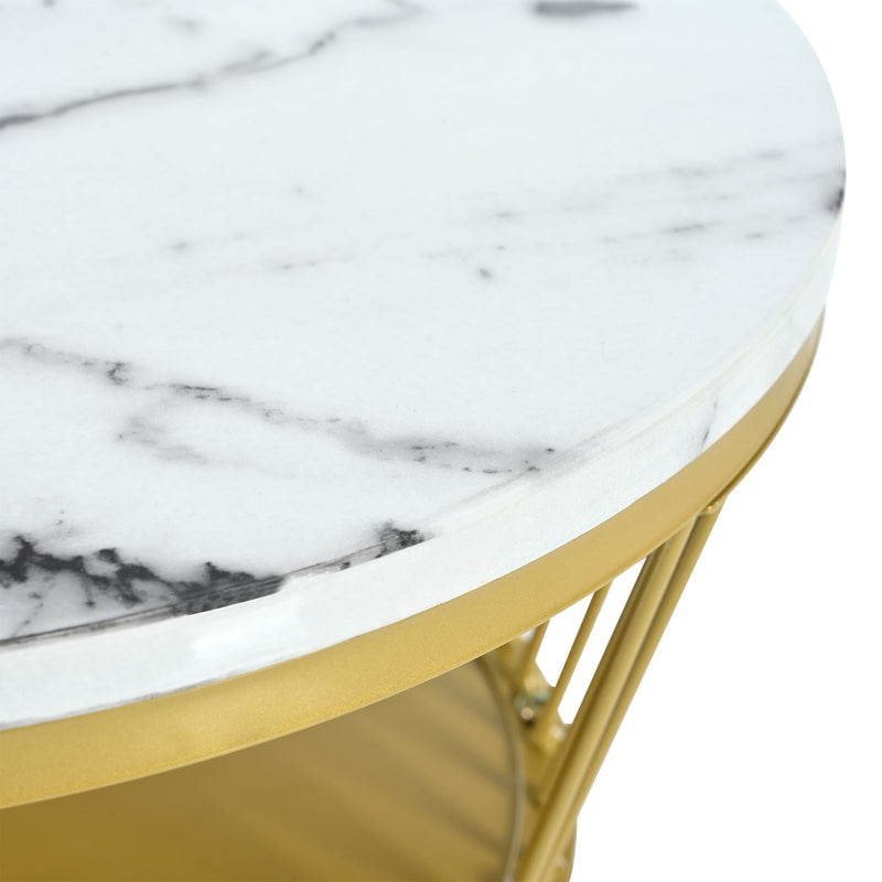 27.5" & 17.7" Nesting Coffee Table with Marble Grain Table Top, Golden Iron Frame Round Coffee Table, Set of 2, for Living Room, Balcony, White