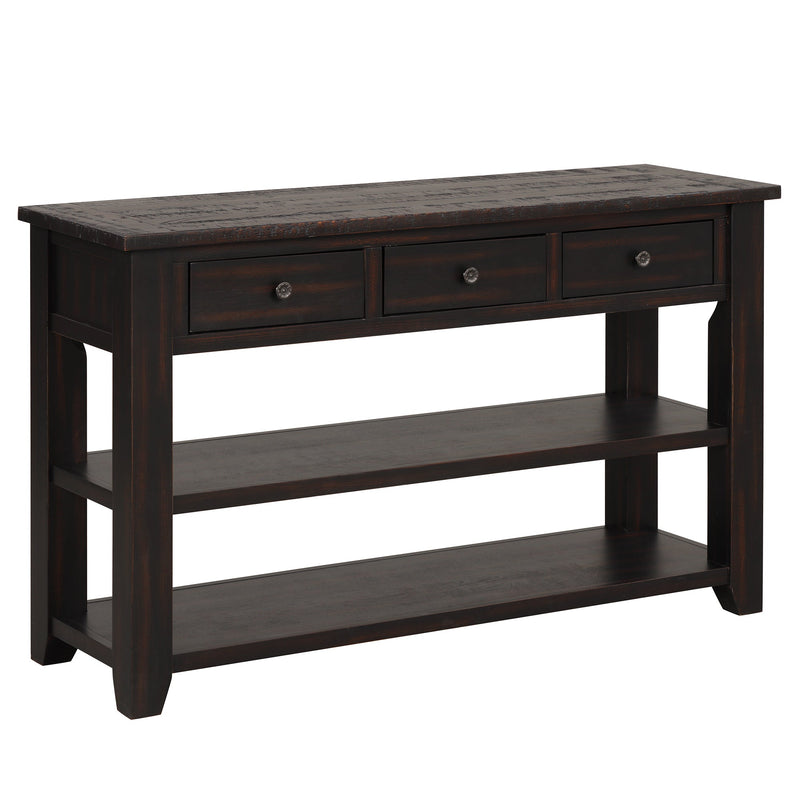 48" Solid Pine Wood Top Console Table, Modern Entryway Sofa Side Table with 3 Storage Drawers and 2 Shelves. Easy to Assemble (Black)