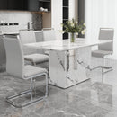 A simple dining table. A dining table with a white marble pattern. 4 PU synthetic leather high backrest cushioned side chairs with C-shaped silver metal legs. DT-SQ-16090-wh
