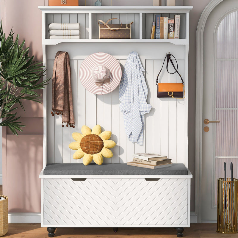 4-in-1 Entryway Bench with Coat Rack, Cushion and 4 Sturdy Hooks, 47.2" Wide Hall Tree with Storage Bench for Hallway, Entryway, Living Room