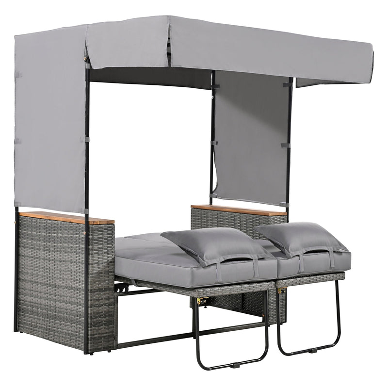 2-Piece Rattan Outdoor Patio Bench Lounge Roof Set, Effective UV Protection Fabric & Waterproof Cushions and Adjustable Backrest for Garden, Backyard and Porch (Grey Wicker + Grey Fabric)