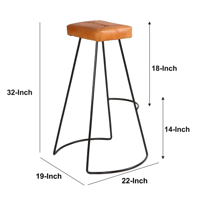 32 Inch Modern Bar Stool, Genuine Leather Seat, Metal Frame, Button Tufted, Tan Brown, Black
