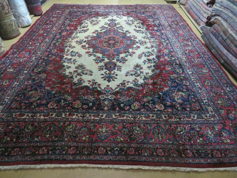9x12 Persian Sarouk Rug - Semi Open Field Medallion Rug - Ivory Red Blue Hand Knotted Wool Oriental Carpet 9 x 12 Antique Rug - Vegetable Dyes