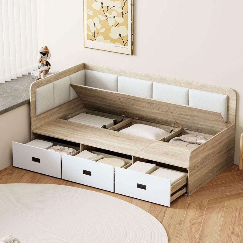 Twin Size Daybed with Three Drawers and Three Storage Compartments, Nature+Beige