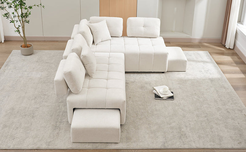 91.73" L-shaped Sofa Sectional Sofa Couch with 2 Stools and 2 Lumbar Pillows for Living Room, Biege