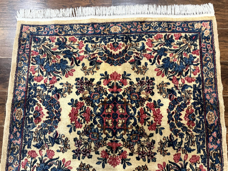 Square Persian Kerman Rug 4x4, Ivory Blue Pink, Handmade, Fine 225 KPSI