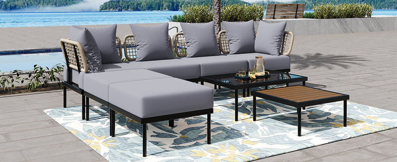 8-Piece Patio Sectional Sofa Set with Tempered Glass Coffee Table and Wooden Coffee Table for Outdoor Oasis, Garden, Patio and Poolside (Light Grey Cushion + Black Steel)