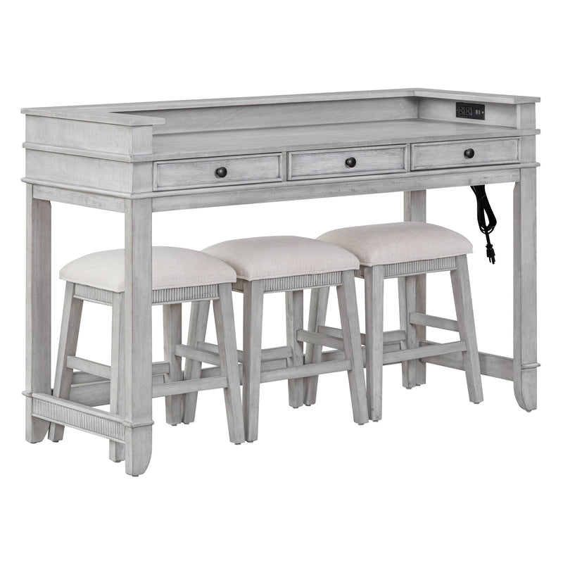 4-piece Dining Bar Table Set with 3 Upholstered Stools, Multifunctional Dining Table with 3 Drawers (Gray)