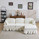 L-Shaped Sectional Sofa With Removable Ruffled Skirt, Flared Arms, Ottoman - White by HouseOfZazla