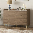 55" Long 6 Drawer Dresser with Marbling Worktop, Mordern Storage Cabinet with Metal Leg and Handle for Bedroom,Walnut