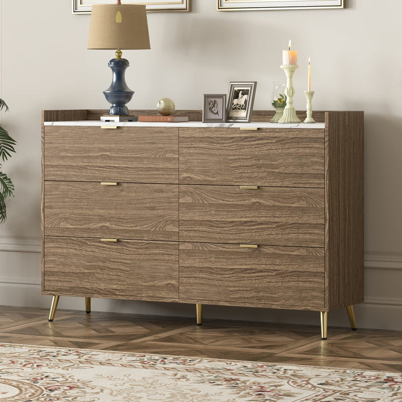 55" Long 6 Drawer Dresser with Marbling Worktop, Mordern Storage Cabinet with Metal Leg and Handle for Bedroom,Walnut