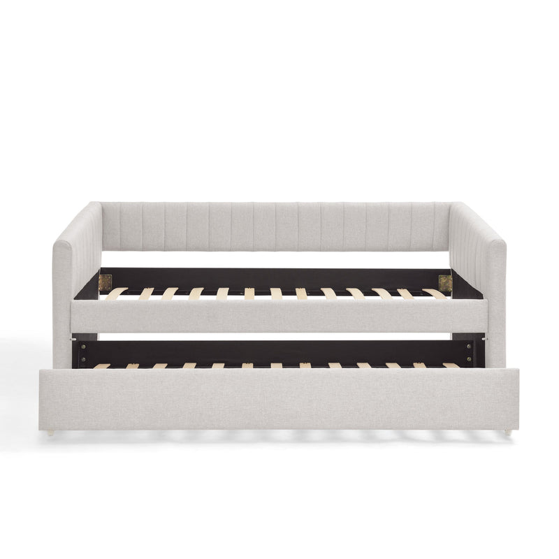 Twin Size Daybed with Trundle Upholstered Sofa Bed, with Vertical Stripes, Linen Fabric, Beige  (82.5'x43'x30')