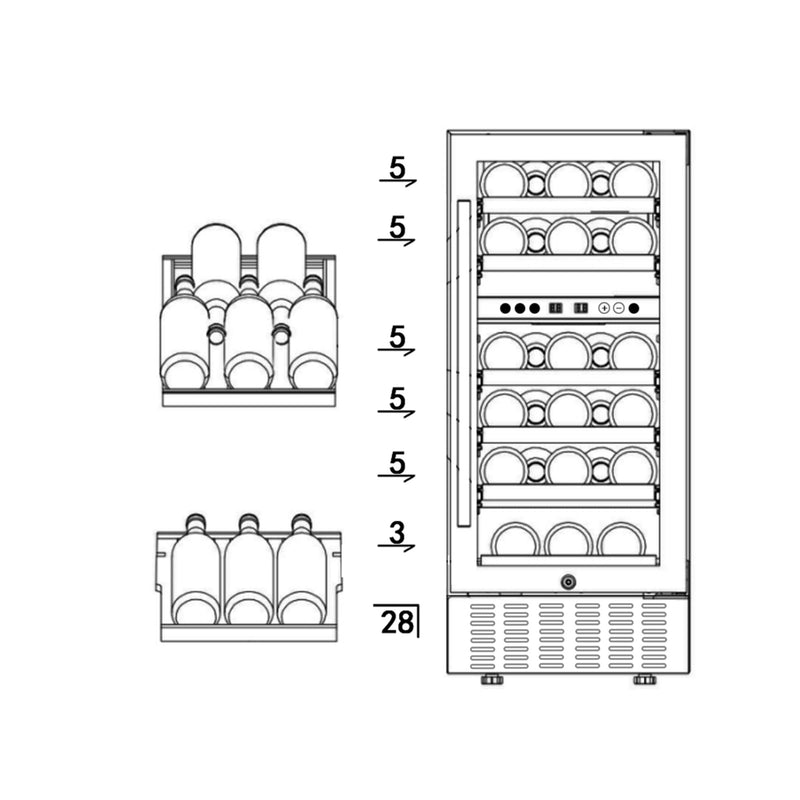 15 Inch Wine Cooler Refrigerators 28 Bottle Fast Cooling Low Noise Wine Fridge with Professional Compressor Stainless Steel, Digital Temperature Control Screen Built-in or Freestanding