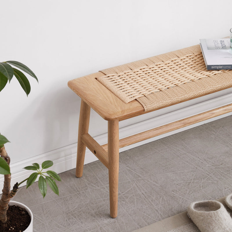 (1.2M) Woven Design Natural Oak Wood Dining Bench Bed Bench for Dining Room, Bedroom, Bathroom