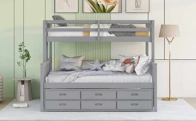 Twin-Over-Full Bunk Bed with Twin size Trundle, Separable Bunk Bed with Drawers for Bedroom - Gray