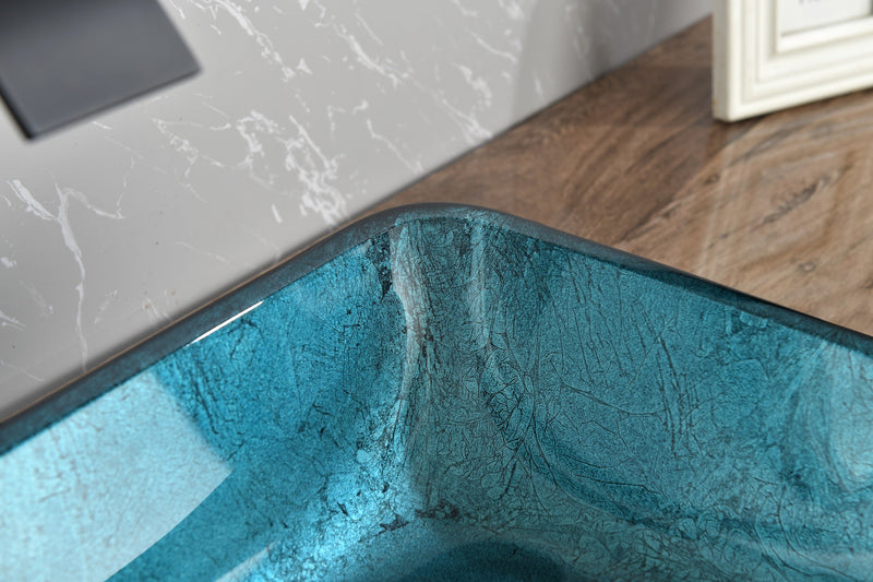 18.125" L -13.0" W -12.0" H Handmade Countertop Glass Rectangular Vessel Bathroom Sink Set in Blue Glass with Matte Black Single-Handle Single Hole Faucet and Pop Up Drain