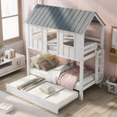 Twin Size House Bunk Bed With Trundle, Roof And Windows - White / Gray by HouseOfZazla